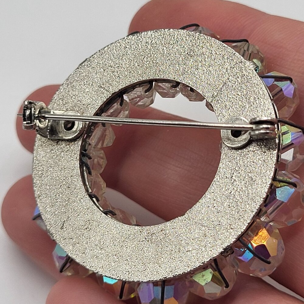 Vintage Aurora Borealis AB Beaded Circle Brooch Pin With Silver Tone Back - Picture 5 of 9